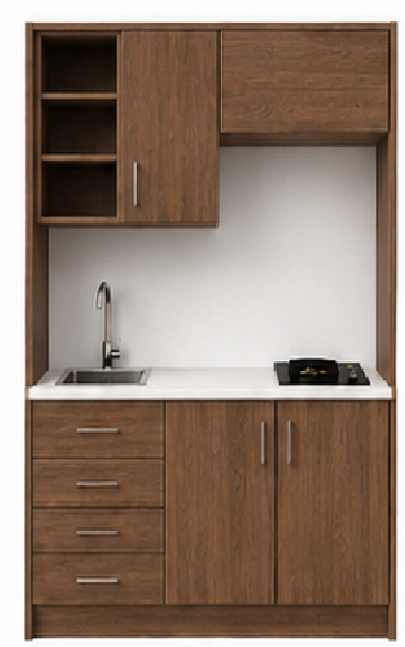 Intrahome Studio140Classic01 Πολυκουζινάκι 136cm, ύψος 220cm, βάθος 50cm, καρυδι μοριοσανίδα 16mm, πάγκος 32mm, μικρή inox γούρνα αριστερά, εστία 2 ματιών δεξιά, σχέδιο Classic. Intrahome-polikou2287647226