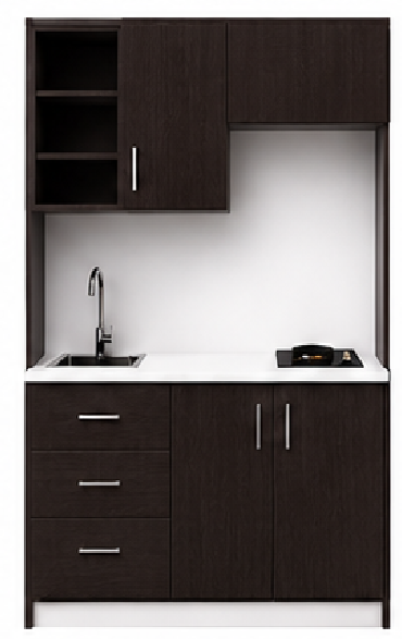 Intrahome Studio140Classic01 Πολυκουζινάκι 138cm, ύψος 205cm, βάθος 50cm, wenge μοριοσανίδα 16mm, πάγκος 32mm, μικρή inox γούρνα αριστερά, εστία 2 ματιών δεξιά, σχέδιο Classic. Intrahome-polikou3387647233