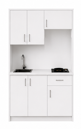 Intrahome Studio140Classic01 Πολυκουζινάκι 140cm, ύψος 220cm, βάθος 50cm, λευκή μελαμίνη 16mm, πάγκος 32mm, μικρή inox γούρνα αριστερά, εστία 2 ματιών δεξιά, σχέδιο Classic. Intrahome-polikou87647246