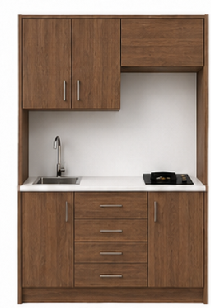 Intrahome Studio140Compact05 Πολυκουζινάκι 136cm, ύψος 220cm, βάθος 50cm, καρυδι μοριοσανίδα 16mm, πάγκος 32mm, μικρή inox γούρνα αριστερά, εστία 2 ματιών δεξιά, σχέδιο Compact. Intrahome-polikou2287647326