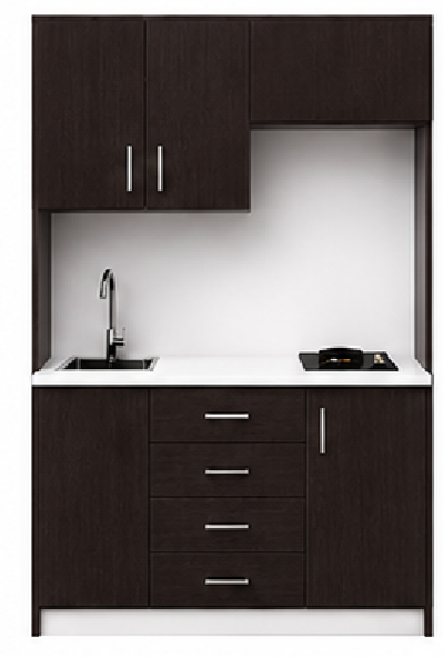 Intrahome Studio140Compact05 Πολυκουζινάκι 138cm, ύψος 205cm, βάθος 50cm, wenge μοριοσανίδα 16mm, πάγκος 32mm, μικρή inox γούρνα αριστερά, εστία 2 ματιών δεξιά, σχέδιο Compact. Intrahome-polikou3387647333