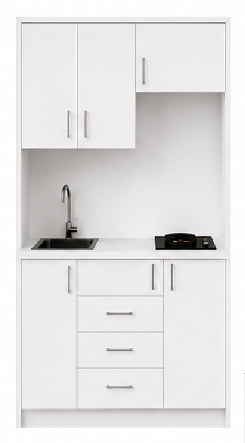 Intrahome Studio140Compact05 Πολυκουζινάκι 140cm, ύψος 220cm, βάθος 50cm, λευκή μελαμίνη 16mm, πάγκος 32mm, μικρή inox γούρνα αριστερά, εστία 2 ματιών δεξιά, σχέδιο Compact. Intrahome-polikou87647346
