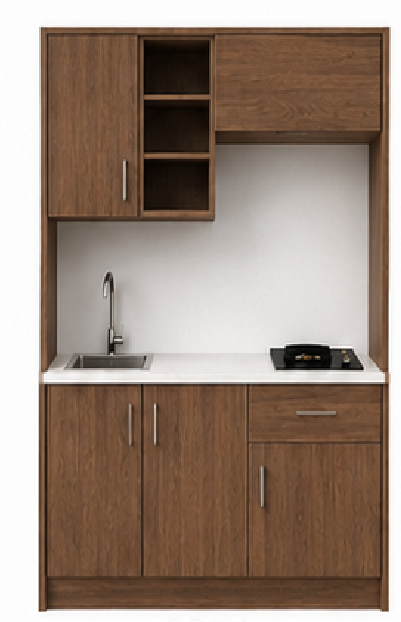Intrahome Studio140Drawer03 Πολυκουζινάκι 136cm, ύψος 220cm, βάθος 50cm, καρυδι μοριοσανίδα 16mm, πάγκος 32mm, μικρή inox γούρνα αριστερά, εστία 2 ματιών δεξιά, σχέδιο Drawer. Intrahome-polikou2287647276