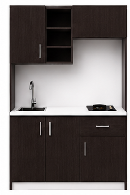 Intrahome Studio140Drawer03 Πολυκουζινάκι 138cm, ύψος 205cm, βάθος 50cm, wenge μοριοσανίδα 16mm, πάγκος 32mm, μικρή inox γούρνα αριστερά, εστία 2 ματιών δεξιά, σχέδιο Drawer. Intrahome-polikou3387647283