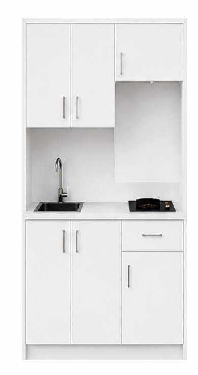 Intrahome Studio140Drawer03 Πολυκουζινάκι 140cm, ύψος 220cm, βάθος 50cm, λευκή μελαμίνη 16mm, πάγκος 32mm, μικρή inox γούρνα αριστερά, εστία 2 ματιών δεξιά, σχέδιο Drawer. Intrahome-polikou87647296