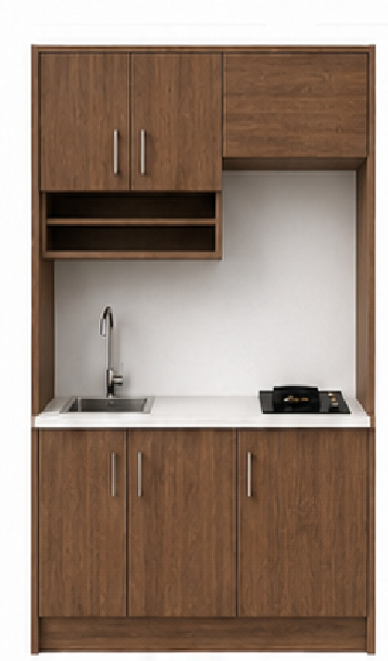 Intrahome Studio140Elite11 Πολυκουζινάκι 138cm, ύψος 205cm, βάθος 50cm, καρυδι μοριοσανίδα 16mm, πάγκος 32mm, μικρή inox γούρνα αριστερά, εστία 2 ματιών δεξιά, σχέδιο Elite. Intrahome-polikou2287647483