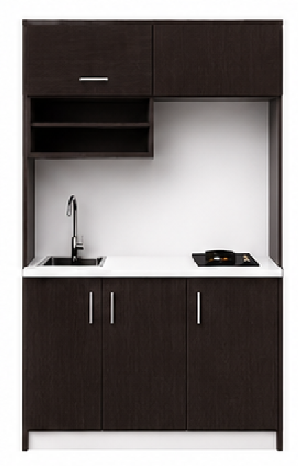 Intrahome Studio140Elite11 Πολυκουζινάκι 139cm, ύψος 220cm, βάθος 50cm, wenge μοριοσανίδα 16mm, πάγκος 32mm, μικρή inox γούρνα αριστερά, εστία 2 ματιών δεξιά, σχέδιο Elite. Intrahome-polikou3387647491