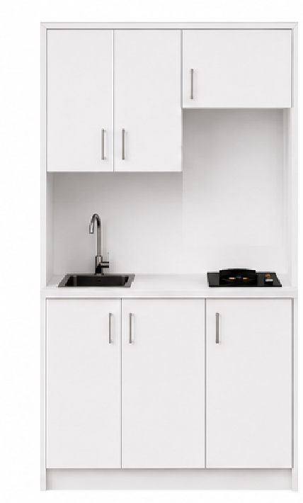 Intrahome Studio140Elite11 Πολυκουζινάκι 140cm, ύψος 220cm, βάθος 50cm, λευκή μελαμίνη 16mm, πάγκος 32mm, μικρή inox γούρνα αριστερά, εστία 2 ματιών δεξιά, σχέδιο Elite. Intrahome-polikou87647496
