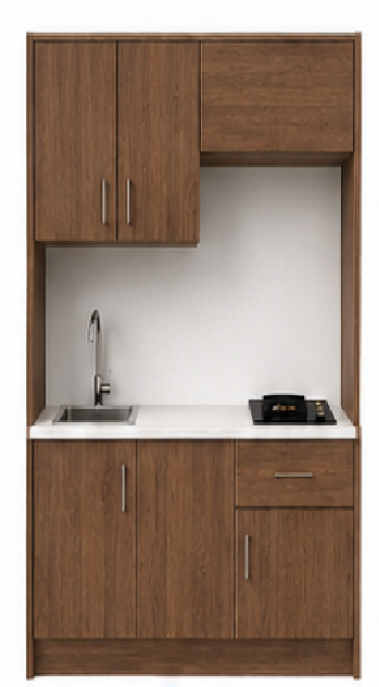 Intrahome Studio140Flex10 Πολυκουζινάκι 138cm, ύψος 205cm, βάθος 50cm, καρυδι μοριοσανίδα 16mm, πάγκος 32mm, μικρή inox γούρνα αριστερά, εστία 2 ματιών δεξιά, σχέδιο Flex. Intrahome-polikou2287647458