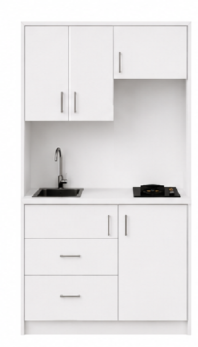 Intrahome Studio140Flex10 Πολυκουζινάκι 140cm, ύψος 220cm, βάθος 50cm, λευκή μελαμίνη 16mm, πάγκος 32mm, μικρή inox γούρνα αριστερά, εστία 2 ματιών δεξιά, σχέδιο Flex. Intrahome-polikou87647471