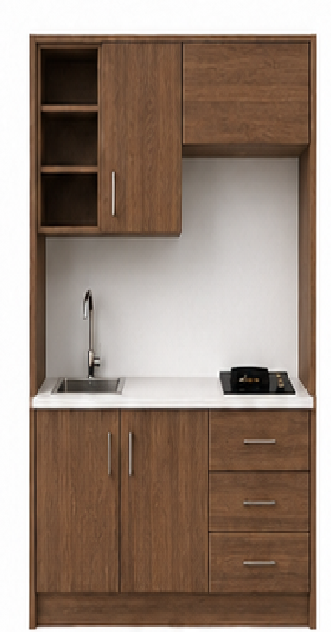 Intrahome Studio140Max08 Πολυκουζινάκι 138cm, ύψος 205cm, βάθος 50cm, καρυδι μοριοσανίδα 16mm, πάγκος 32mm, μικρή inox γούρνα αριστερά, εστία 2 ματιών δεξιά, σχέδιο Max. Intrahome-polikou2287647408