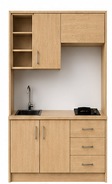 Intrahome Studio140Max08 Πολυκουζινάκι 140cm, ύψος 220cm, βάθος 50cm, sonoma - δρυς μοριοσανίδα 16mm, πάγκος 32mm, μικρή inox γούρνα αριστερά, εστία 2 ματιών δεξιά, σχέδιο Max. Intrahome-polikou6587647421