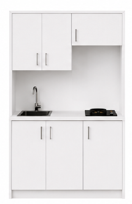 Intrahome Studio140Max08 Πολυκουζινάκι 140cm, ύψος 220cm, βάθος 50cm, λευκή μελαμίνη 16mm, πάγκος 32mm, μικρή inox γούρνα αριστερά, εστία 2 ματιών δεξιά, σχέδιο Max. Intrahome-polikou87647421