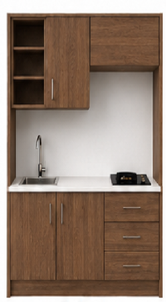 Intrahome Studio140Plus06 Πολυκουζινάκι 136cm, ύψος 220cm, βάθος 50cm, καρυδι μοριοσανίδα 16mm, πάγκος 32mm, μικρή inox γούρνα αριστερά, εστία 2 ματιών δεξιά, σχέδιο Plus. Intrahome-polikou2287647351