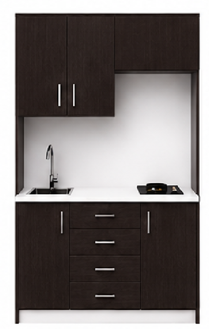 Intrahome Studio140Plus06 Πολυκουζινάκι 138cm, ύψος 205cm, βάθος 50cm, wenge μοριοσανίδα 16mm, πάγκος 32mm, μικρή inox γούρνα αριστερά, εστία 2 ματιών δεξιά, σχέδιο Plus. Intrahome-polikou3387647358