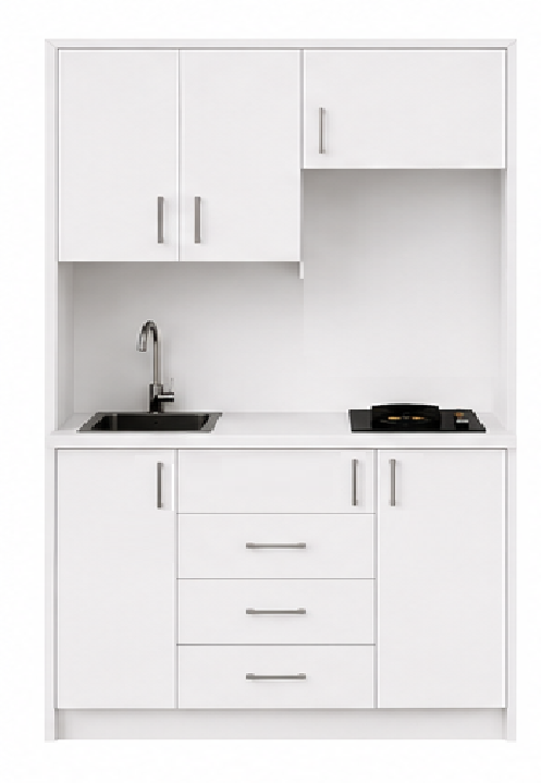 Intrahome Studio140Plus06 Πολυκουζινάκι 140cm, ύψος 220cm, βάθος 50cm, λευκή μελαμίνη 16mm, πάγκος 32mm, μικρή inox γούρνα αριστερά, εστία 2 ματιών δεξιά, σχέδιο Plus. Intrahome-polikou87647371