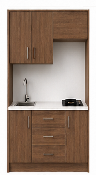 Intrahome Studio140Prime09 Πολυκουζινάκι 138cm, ύψος 205cm, βάθος 50cm, καρυδι μοριοσανίδα 16mm, πάγκος 32mm, μικρή inox γούρνα αριστερά, εστία 2 ματιών δεξιά, σχέδιο Prime. Intrahome-polikou2287647433