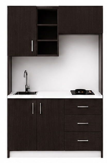 Intrahome Studio140Prime09 Πολυκουζινάκι 138cm, ύψος 205cm, βάθος 50cm, wenge μοριοσανίδα 16mm, πάγκος 32mm, μικρή inox γούρνα αριστερά, εστία 2 ματιών δεξιά, σχέδιο Prime. Intrahome-polikou3387647433