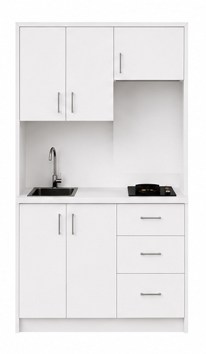Intrahome Studio140Prime09 Πολυκουζινάκι 140cm, ύψος 220cm, βάθος 50cm, λευκή μελαμίνη 16mm, πάγκος 32mm, μικρή inox γούρνα αριστερά, εστία 2 ματιών δεξιά, σχέδιο Prime. Intrahome-polikou87647446