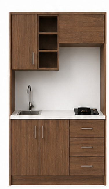 Intrahome Studio140Pro12 Πολυκουζινάκι 138cm, ύψος 205cm, βάθος 50cm, καρυδι μοριοσανίδα 16mm, πάγκος 32mm, μικρή inox γούρνα αριστερά, εστία 2 ματιών δεξιά, σχέδιο Pro. Intrahome-polikou2287647508