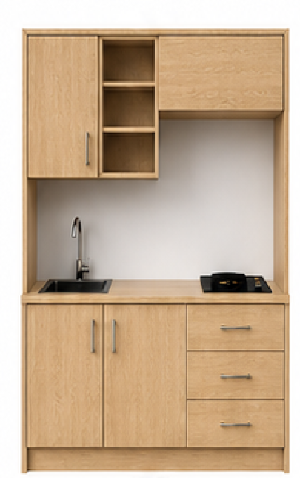 Intrahome Studio140Pro12 Πολυκουζινάκι 136cm, ύψος 220cm, βάθος 50cm, sonoma - δρυς μοριοσανίδα 16mm, πάγκος 32mm, μικρή inox γούρνα αριστερά, εστία 2 ματιών δεξιά, σχέδιο Pro. Intrahome-polikou6587647501