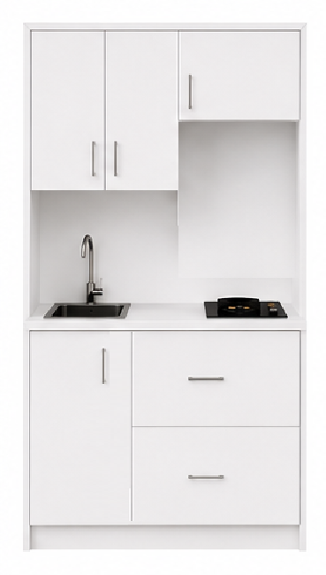 Intrahome Studio140Pro12 Πολυκουζινάκι 140cm, ύψος 220cm, βάθος 50cm, λευκή μελαμίνη 16mm, πάγκος 32mm, μικρή inox γούρνα αριστερά, εστία 2 ματιών δεξιά, σχέδιο Pro. Intrahome-polikou87647521