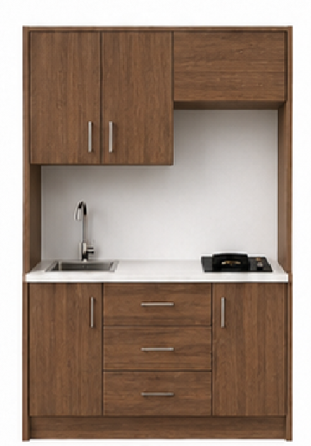 Intrahome Studio140Smart04 Πολυκουζινάκι 136cm, ύψος 220cm, βάθος 50cm, καρυδι μοριοσανίδα 16mm, πάγκος 32mm, μικρή inox γούρνα αριστερά, εστία 2 ματιών δεξιά, σχέδιο Smart. Intrahome-polikou2287647301