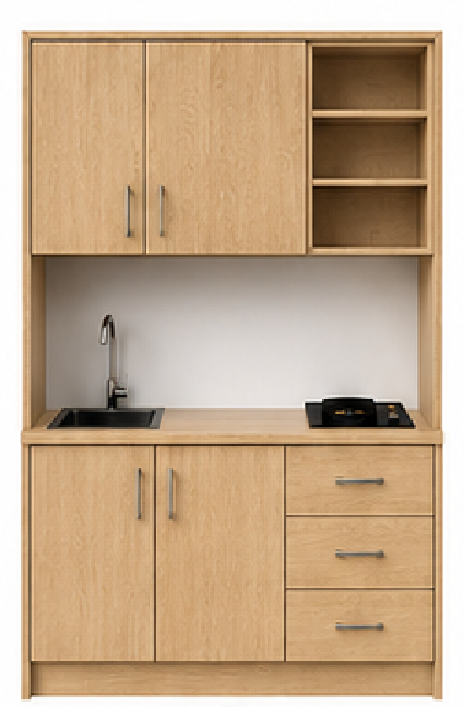 Intrahome Studio140Smart04 Πολυκουζινάκι 140cm, ύψος 220cm, βάθος 50cm, sonoma - δρυς μοριοσανίδα 16mm, πάγκος 32mm, μικρή inox γούρνα αριστερά, εστία 2 ματιών δεξιά, σχέδιο Smart. Intrahome-polikou6587647321