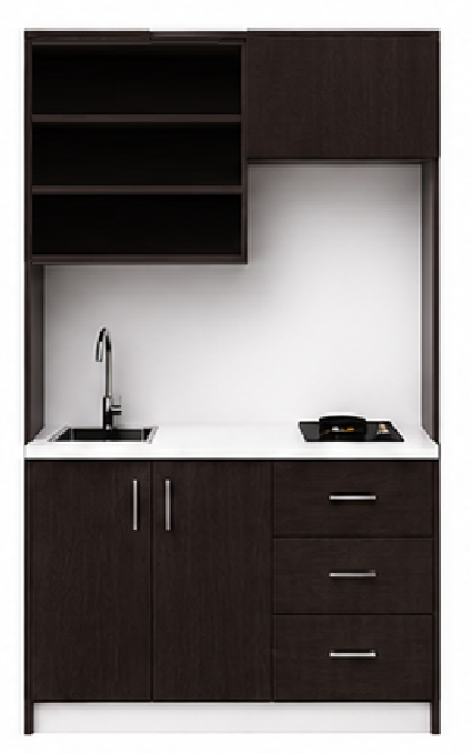 Intrahome Studio140Smart04 Πολυκουζινάκι 138cm, ύψος 205cm, βάθος 50cm, wenge μοριοσανίδα 16mm, πάγκος 32mm, μικρή inox γούρνα αριστερά, εστία 2 ματιών δεξιά, σχέδιο Smart. Intrahome-polikou3387647308