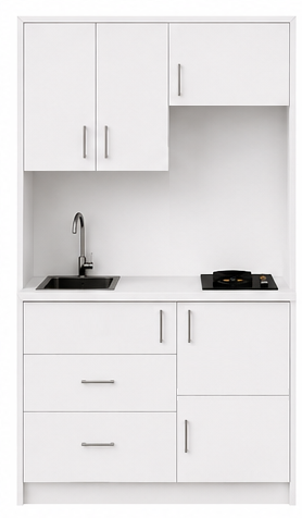 Intrahome Studio140Smart04 Πολυκουζινάκι 140cm, ύψος 220cm, βάθος 50cm, λευκή μελαμίνη 16mm, πάγκος 32mm, μικρή inox γούρνα αριστερά, εστία 2 ματιών δεξιά, σχέδιο Smart. Intrahome-polikou87647321