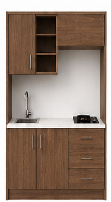 Intrahome Studio140Storage02 Πολυκουζινάκι 136cm, ύψος 220cm, βάθος 50cm, καρυδι μοριοσανίδα 16mm, πάγκος 32mm, μικρή inox γούρνα αριστερά, εστία 2 ματιών δεξιά, σχέδιο Storage. Intrahome-polikou2287647251