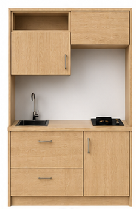 Intrahome Studio140Storage02 Πολυκουζινάκι 140cm, ύψος 220cm, βάθος 50cm, sonoma - δρυς μοριοσανίδα 16mm, πάγκος 32mm, μικρή inox γούρνα αριστερά, εστία 2 ματιών δεξιά, σχέδιο Storage. Intrahome-polikou6587647271