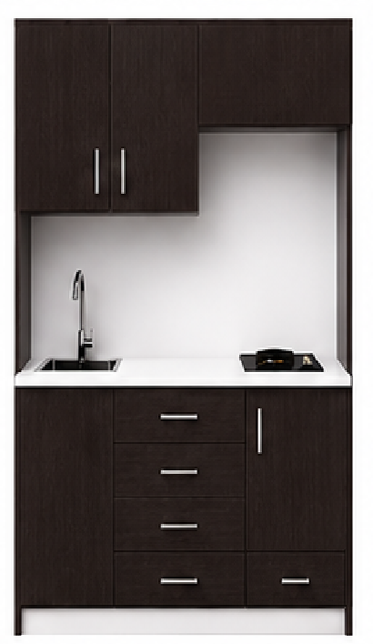 Intrahome Studio140Storage02 Πολυκουζινάκι 138cm, ύψος 205cm, βάθος 50cm, wenge μοριοσανίδα 16mm, πάγκος 32mm, μικρή inox γούρνα αριστερά, εστία 2 ματιών δεξιά, σχέδιο Storage. Intrahome-polikou3387647258