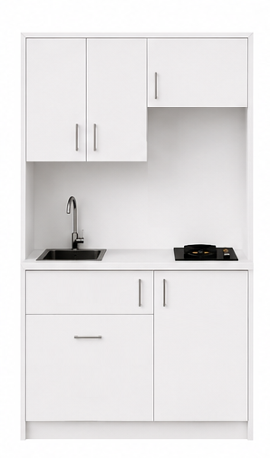 Intrahome Studio140Storage02 Πολυκουζινάκι 140cm, ύψος 220cm, βάθος 50cm, λευκή μελαμίνη 16mm, πάγκος 32mm, μικρή inox γούρνα αριστερά, εστία 2 ματιών δεξιά, σχέδιο Storage. Intrahome-polikou87647271