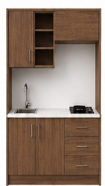 Intrahome Studio140Style13 Πολυκουζινάκι 138cm, ύψος 205cm, βάθος 50cm, καρυδι μοριοσανίδα 16mm, πάγκος 32mm, μικρή inox γούρνα αριστερά, εστία 2 ματιών δεξιά, σχέδιο Style. Intrahome-polikou2287647533