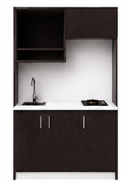 Intrahome Studio140Style13 Πολυκουζινάκι 139cm, ύψος 220cm, βάθος 50cm, wenge μοριοσανίδα 16mm, πάγκος 32mm, μικρή inox γούρνα αριστερά, εστία 2 ματιών δεξιά, σχέδιο Style. Intrahome-polikou3387647541