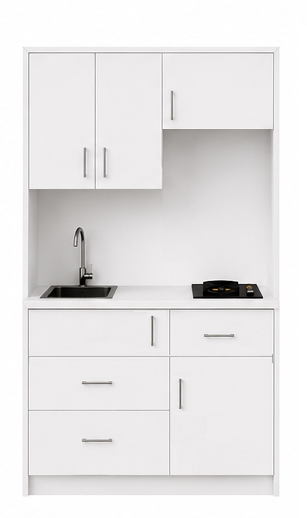 Intrahome Studio140Style13 Πολυκουζινάκι 140cm, ύψος 220cm, βάθος 50cm, λευκή μελαμίνη 16mm, πάγκος 32mm, μικρή inox γούρνα αριστερά, εστία 2 ματιών δεξιά, σχέδιο Style. Intrahome-polikou87647546