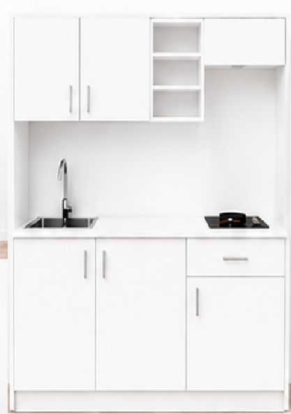 Intrahome Studio160Classic01 Πολυκουζινάκι 158cm, ύψος 220cm, βάθος 50cm, λευκή μελαμίνη 16mm, πάγκος 32mm, μικρή inox γούρνα αριστερά, εστία 2 ματιών δεξιά, σχέδιο Classic. Intrahome-polikou87647636