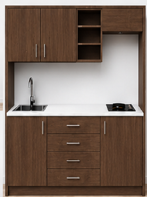 Intrahome Studio160Compact05 Πολυκουζινάκι 146cm, ύψος 205cm, βάθος 50cm, καρυδι μοριοσανίδα 16mm, πάγκος 32mm, μικρή inox γούρνα αριστερά, εστία 2 ματιών δεξιά, σχέδιο Compact. Intrahome-polikou2287647973