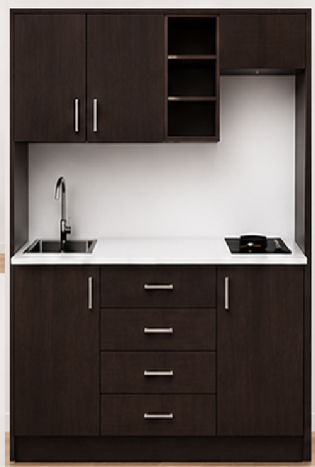 Intrahome Studio160Compact05 Πολυκουζινάκι 146cm, ύψος 205cm, βάθος 50cm, wenge μοριοσανίδα 16mm, πάγκος 32mm, μικρή inox γούρνα αριστερά, εστία 2 ματιών δεξιά, σχέδιο Compact. Intrahome-polikou3387647973