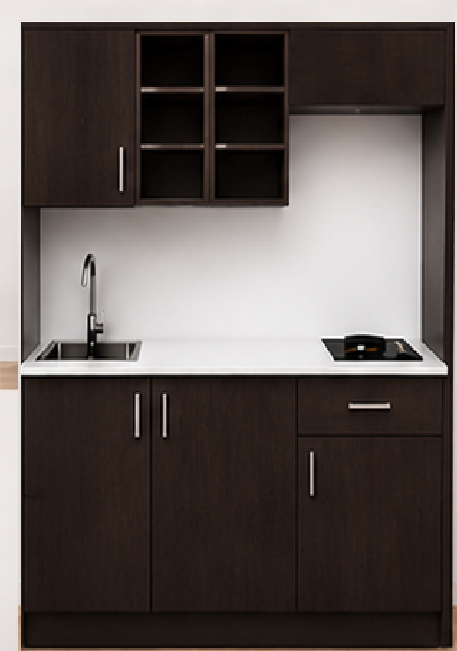 Intrahome Studio160Drawer03 Πολυκουζινάκι 146cm, ύψος 205cm, βάθος 50cm, wenge μοριοσανίδα 16mm, πάγκος 32mm, μικρή inox γούρνα αριστερά, εστία 2 ματιών δεξιά, σχέδιο Drawer. Intrahome-polikou3387647773