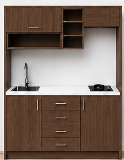 Intrahome Studio160Elite11 Πολυκουζινάκι 146cm, ύψος 205cm, βάθος 50cm, καρυδι μοριοσανίδα 16mm, πάγκος 32mm, μικρή inox γούρνα αριστερά, εστία 2 ματιών δεξιά, σχέδιο Elite. Intrahome-polikou2287648573