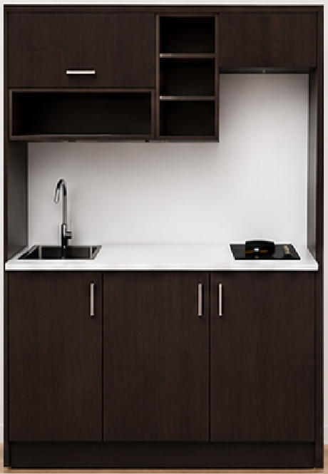 Intrahome Studio160Elite11 Πολυκουζινάκι 144cm, ύψος 220cm, βάθος 50cm, wenge μοριοσανίδα 16mm, πάγκος 32mm, μικρή inox γούρνα αριστερά, εστία 2 ματιών δεξιά, σχέδιο Elite. Intrahome-polikou3387648566