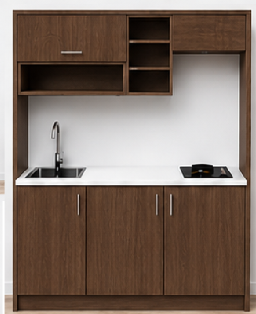 Intrahome Studio160Flex10 Πολυκουζινάκι 146cm, ύψος 205cm, βάθος 50cm, καρυδι μοριοσανίδα 16mm, πάγκος 32mm, μικρή inox γούρνα αριστερά, εστία 2 ματιών δεξιά, σχέδιο Flex. Intrahome-polikou2287648473