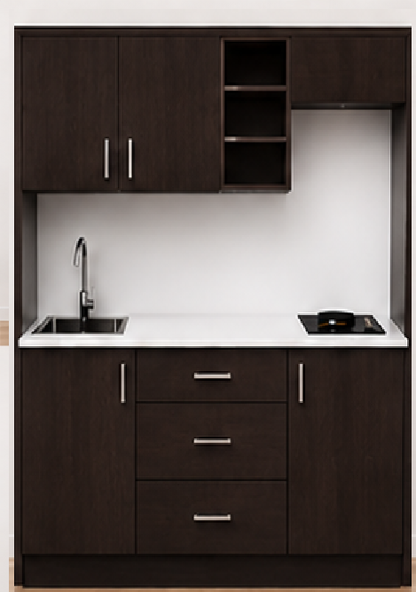 Intrahome Studio160Flex10 Πολυκουζινάκι 144cm, ύψος 220cm, βάθος 50cm, wenge μοριοσανίδα 16mm, πάγκος 32mm, μικρή inox γούρνα αριστερά, εστία 2 ματιών δεξιά, σχέδιο Flex. Intrahome-polikou3387648466