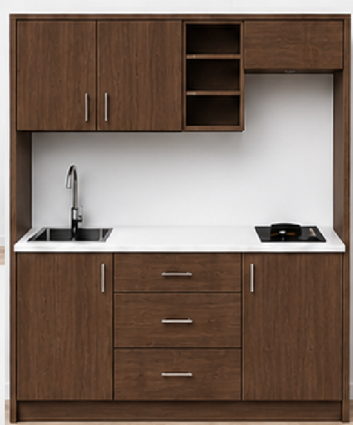 Intrahome Studio160Max08 Πολυκουζινάκι 146cm, ύψος 205cm, βάθος 50cm, καρυδι μοριοσανίδα 16mm, πάγκος 32mm, μικρή inox γούρνα αριστερά, εστία 2 ματιών δεξιά, σχέδιο Max. Intrahome-polikou2287648273