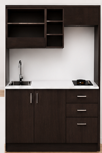 Intrahome Studio160Max08 Πολυκουζινάκι 146cm, ύψος 205cm, βάθος 50cm, wenge μοριοσανίδα 16mm, πάγκος 32mm, μικρή inox γούρνα αριστερά, εστία 2 ματιών δεξιά, σχέδιο Max. Intrahome-polikou3387648273