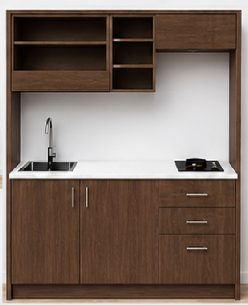 Intrahome Studio160Plus06 Πολυκουζινάκι 146cm, ύψος 205cm, βάθος 50cm, καρυδι μοριοσανίδα 16mm, πάγκος 32mm, μικρή inox γούρνα αριστερά, εστία 2 ματιών δεξιά, σχέδιο Plus. Intrahome-polikou2287648073