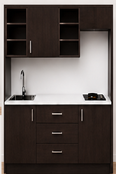 Intrahome Studio160Prime09 Πολυκουζινάκι 144cm, ύψος 220cm, βάθος 50cm, wenge μοριοσανίδα 16mm, πάγκος 32mm, μικρή inox γούρνα αριστερά, εστία 2 ματιών δεξιά, σχέδιο Prime. Intrahome-polikou3387648366