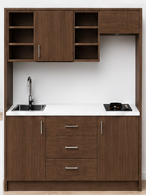 Intrahome Studio160Pro12 Πολυκουζινάκι 146cm, ύψος 205cm, βάθος 50cm, καρυδι μοριοσανίδα 16mm, πάγκος 32mm, μικρή inox γούρνα αριστερά, εστία 2 ματιών δεξιά, σχέδιο Pro. Intrahome-polikou2287648673